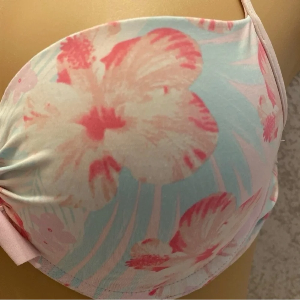 Hollister Light Blue & Pink Floral Halter Bikini Top with Center Bow